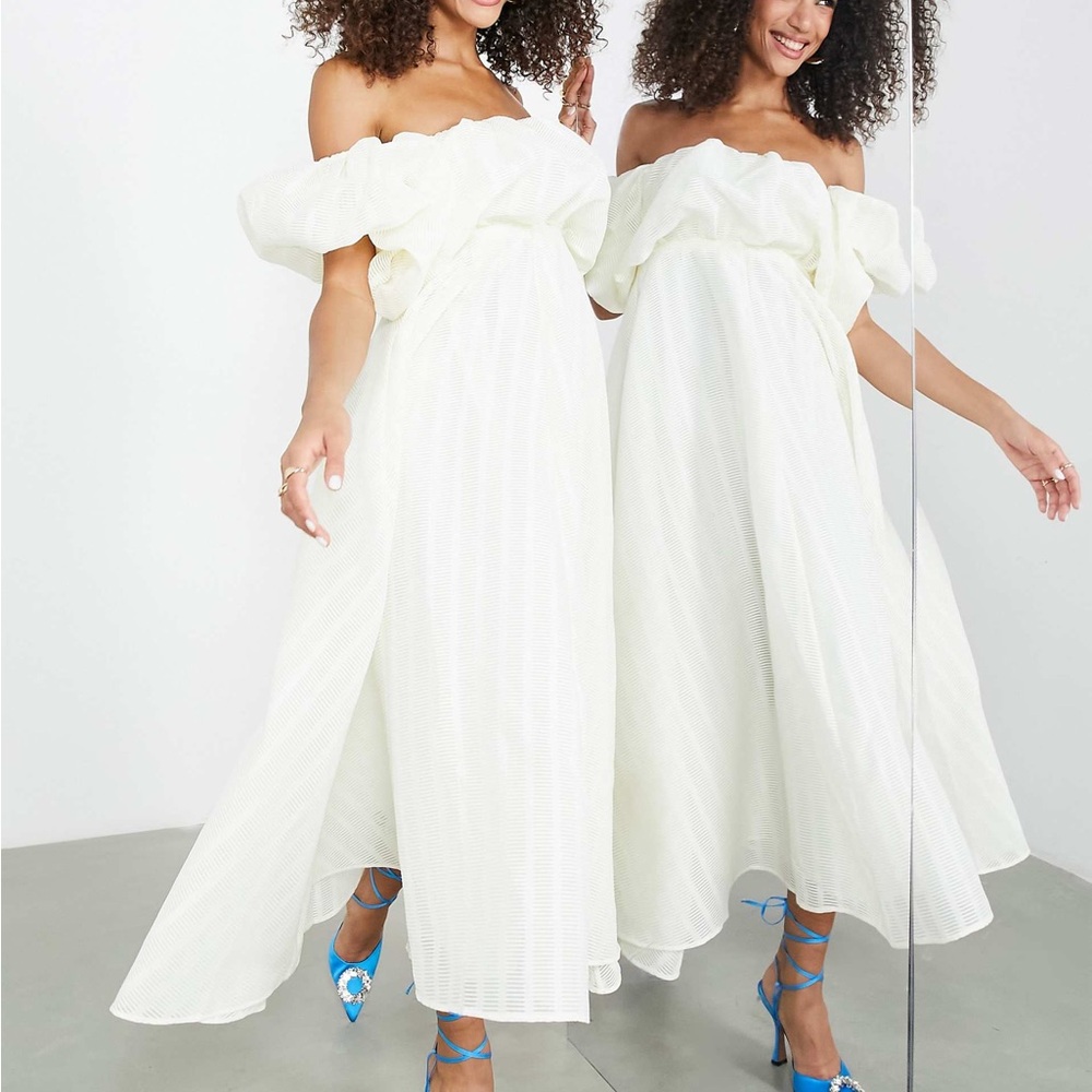 New ASOS Edition Dress pull off shoulder puffy midi wedding dress womens 4 cream